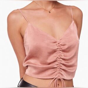 Wilfred Aritzia blush pink silky crop v-neck blouse front ruching tie sz small